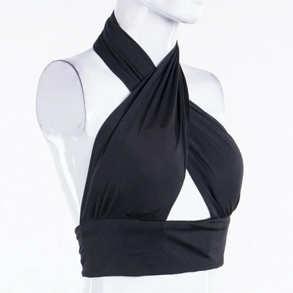 Women Strappy Criss-Cross Over Front Cut Out Halter Neck Sleeveless Crop Top, M - Picture 2 of 6